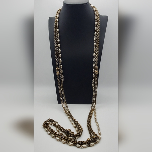 Faux Pearl Rhinestone Necklace Multi Layer Strand Antique Gold Tone Chain 48" L - Picture 7 of 8